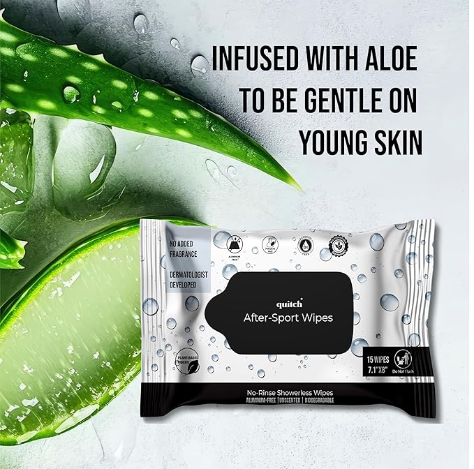 Quitch After-Sport Wipe Unscented Shower-Free Body Wipe for Kids & Baby, No Rinse, Underarm Aluminum-Free Natural Deodorant, Non-Toxic Sensitive Skin Towelettes, Travel-Friendly Camping Essential