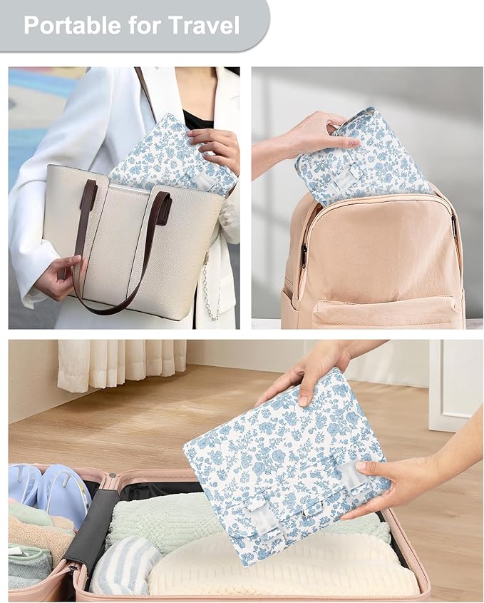 Relavel Small Hanging Toiletry Bag for Men and Women, Portable Hanging Organizer for Travel-Sized Shower Dopp Kit, Waterproof Toiletries Organizer with 3 Compartments for Outdoor - Blue Flower