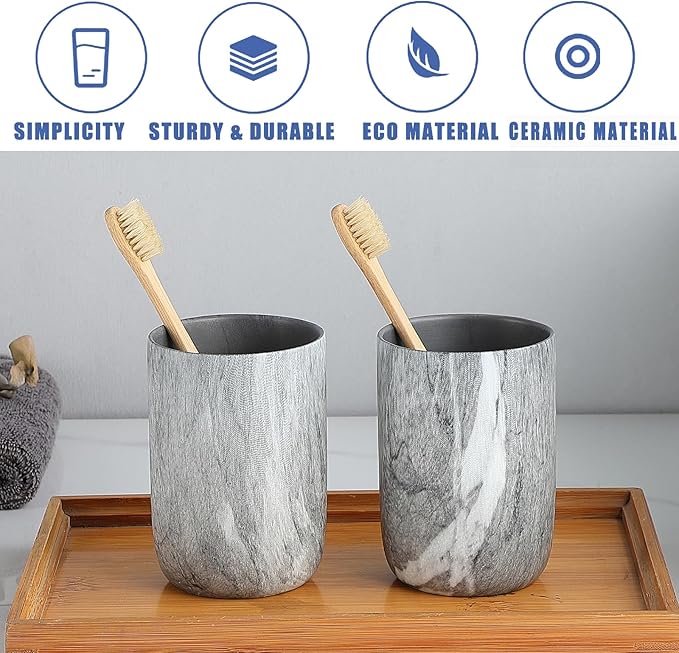 Marble Grey Toothbrush Holders for Bathrooms - 2 Cups Ceramic Toothbrush Toothpaste Holders, Grey Bathroom Tumbler Cups Reusable Toothbrush Mouthwash Cups, Bathroom Counter Organizer.