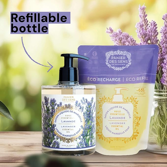 Panier des Sens - Moisturizing Hand Soap - Lavender Aromatic Fragrance - French Savon de Marseille Soap with Coconut Oil - Refillable Kitchen & Bathroom Soap - 16.9 Fl.oz Hand Wash 97% Natural