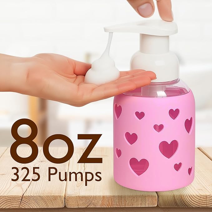 SoCal Suds & Company Glass Foaming Hand Soap Dispenser, Heart Silicone Sleeve, Refillable Pump Bottle for Kids, Baby Wash & Shampoo, Ideal for Home Use, Bright Pink 8oz