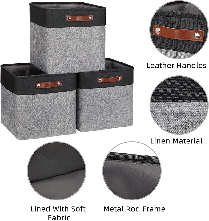 HNZIGE Storage Foldable Baskets Cubes Set(3 Pack) Fabric Bins for Shelves,13 Inch Storage Basket for Organizing with Leather Handles for Home, Toys, Clothes, Kids Room, Closet Storage(Black&White)