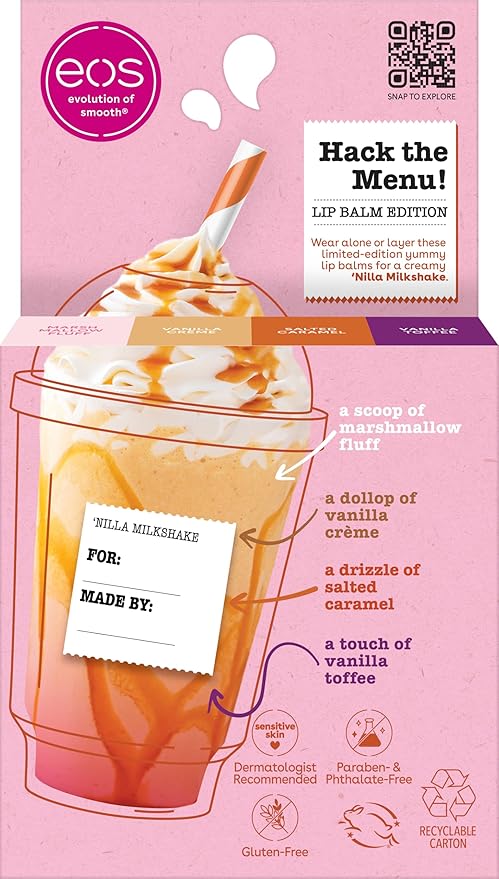 eos Flavor Lab Secret Menu Lip Balm Gift Set - 'Nilla Milkshake, Limited-Edition, Moisturizing, Hydrating, Dry Lips, Variety Pack, 0.14 oz, 4-Pack