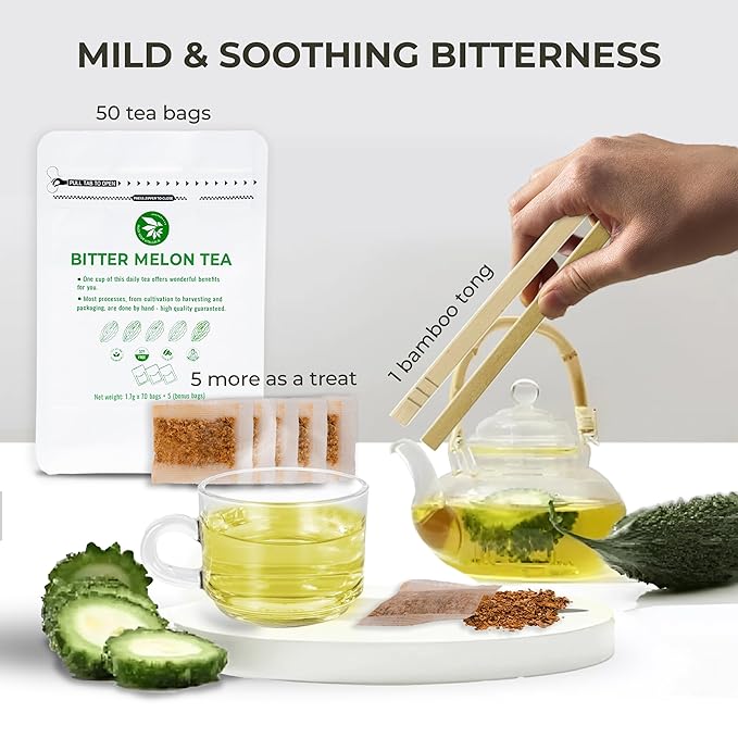 Bitter Melon Tea Bags - 70 Count (+5 Tea Bags), 4.2 oz, Bamboo Tong Included, Pure Bitter Gourd Herbal Blend for Refreshing, Digestion & Inner Health Support, No Sugar, No Caffeine