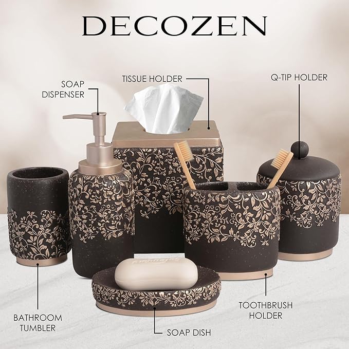 6-Piece Bathroom Accessories Set – Soap Dispenser, Toothbrush Holder, Tumbler, Soap Dish, Cotton Swab Jar & Toilet Brush – Modern Bathroom Decor Set (Stella)