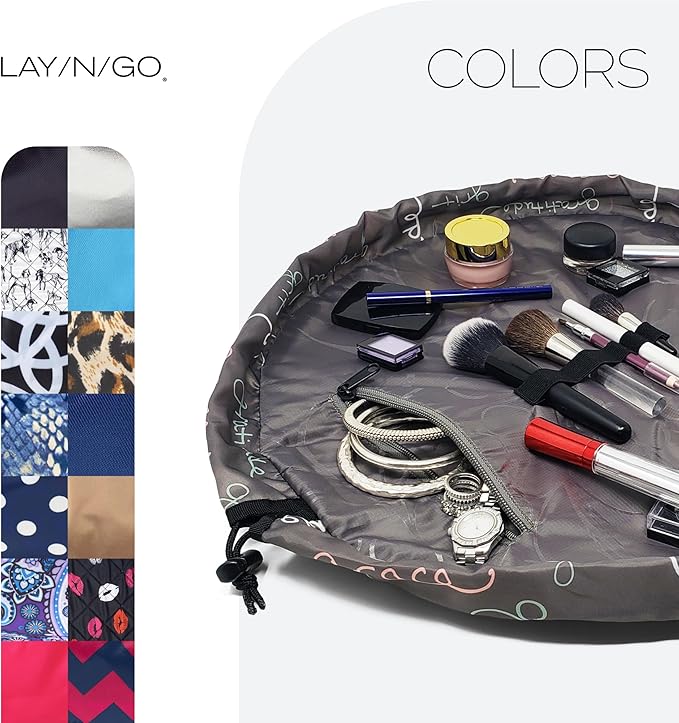 Lay-n-Go Cosmo Drawstring Cosmetic & Makeup Bag Organizer - Portable Drawstring Makeup Bag w/Zipper Pocket & More - Durable, Machine Washable Toiletry Bag for Travel (20", Grit Grace Gratitude)