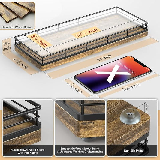 Rustic Bathroom Toilet Tank Tray, 11.2" Wood Toilet Paper Storage Basket Back of Toilet Basket Organizer, Vanity Tray for Perfume Makeup Candle Kitchen Counter Coffee Table Decor