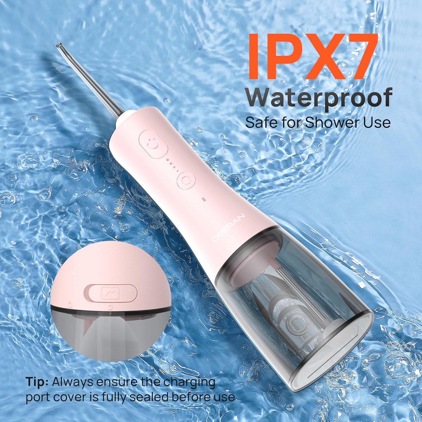 Operan Cordless Water Flossers for Teeth, 300ML Rechargeable Oral Irrigator with 4 Modes & 4 Nozzles, Portable Water Flossers for Adults, IPX7 Waterproof for Home and Travel, Pink，01Pack