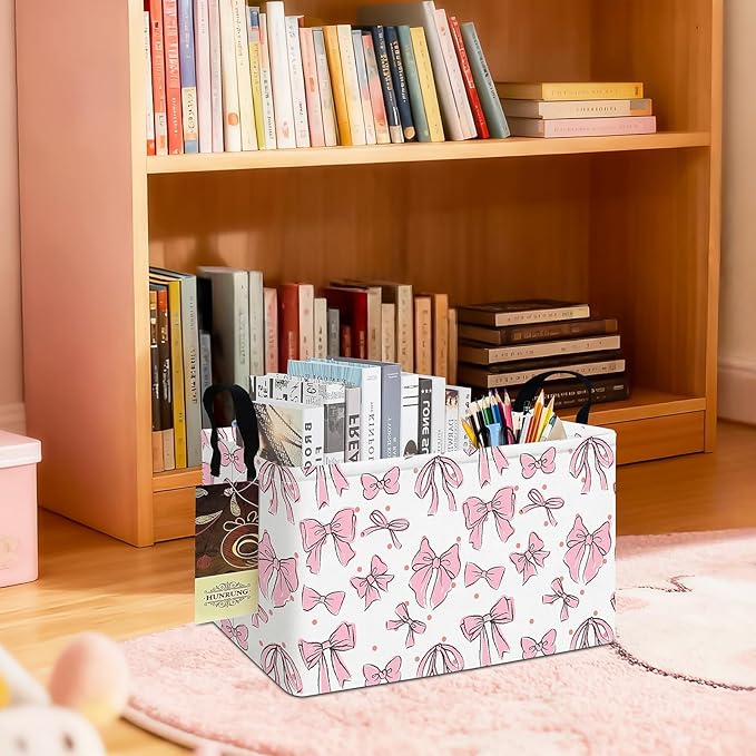 HUNRUNG Rectangle Storage Basket Cute Canvas Organizer Bin for Pet/Children Toys, Books, Clothes Perfect for Rooms/Playroom(REC-Pink Bow)