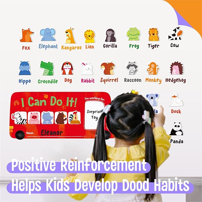 “I CAN DO IT” Token Board,Magnetic Reward Chart with 26 Animal Magnets, Red Bus Reward Chart for Kids, Incentive Positive Chart for Good Behavior and Responsibility, Great for Toddlers, Kids, Students