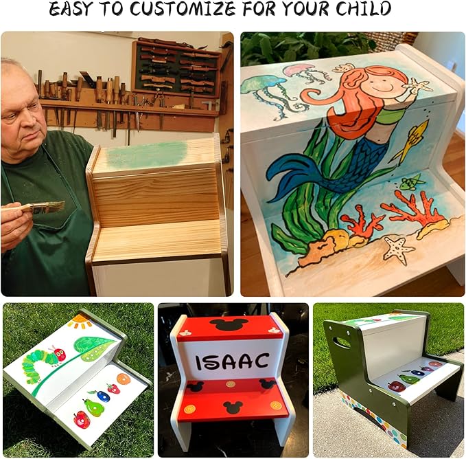 WOOD CITY Wooden Toddler Step Stool for Kids, Bathroom Potty Stool & Kitchen Stool, Natural Two Step Stool for Bedroom, Children's Stool with Handles and Safety Non-Slip Pads