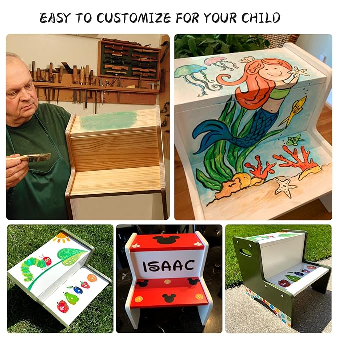 WOOD CITY Toddler Step Stool, Wooden 2 Step Stools for Bathroom Sink Potty Training Kitchen Dual Height Stool Helper for Kids Bonus Non-Slip Pads and Handles for Safety (White)