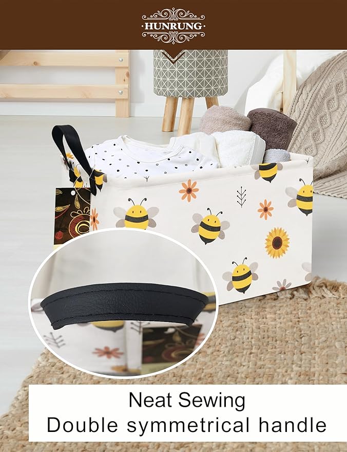 HUNRUNG Rectangle Storage Basket Cute Canvas Organizer Bin for Pet/Children Toys, Books, Clothes Perfect for Rooms/Playroom(REC-Bee)