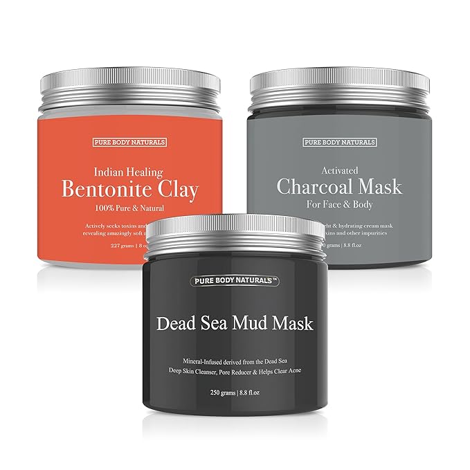 Pure Body Naturals Face Mask Gift Set - includes Natural Mud Mask, Clay Mask and Charcoal Face Mask - Facial Self Care Gift for Women, Mother, Wife (3 Jars, 8.8 oz. Each)