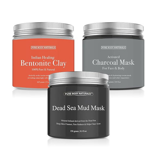 Pure Body Naturals Face Mask Gift Set - includes Natural Mud Mask, Clay Mask and Charcoal Face Mask - Facial Self Care Gift for Women, Mother, Wife (3 Jars, 8.8 oz. Each)