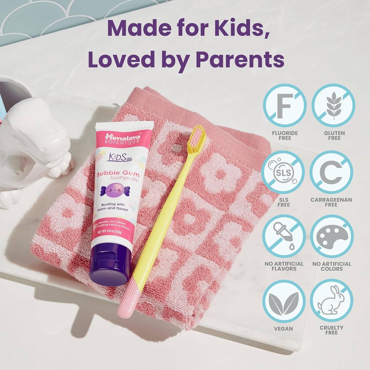 Himalaya Botanique Kids Toothpaste, Herbal, Bubble Gum Flavor, Fluoride-Free, Gentle, No Artificial Flavors or Colors, SLS Free, Gluten Free, Cruelty Free, Vegan, Foaming, 4 Oz, 4 Pack