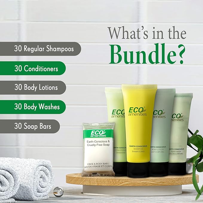 ECO amenities Travel Essentials Toiletry Kit - 150-Piece, 30 x 30ml Shampoo & Conditioner - 30 x 30ml Body Wash & Lotion - 30 x 28g Soap