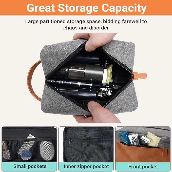 Elviros Travel Toiletry Bag for Men, Hanging Toiletries Bag Water Repellent Dopp Kit PU Leather Travel Bag for Toiletries Accessories, Grey