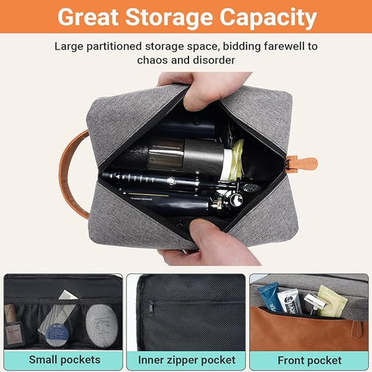 Elviros Travel Toiletry Bag for Men, Hanging Toiletries Bag Water Repellent Dopp Kit PU Leather Travel Bag for Toiletries Accessories, Grey