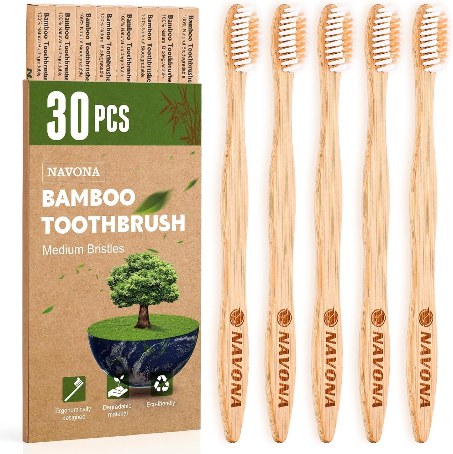 Navona 30 PCS Bamboo Toothbrushes Pack, BPA Free Medium Soft Bristles Toothbrushes for Adults, Eco-Friendly Natural Wooden Toothbrush Bulk, Box of Two Reusable Travel Toothbrush