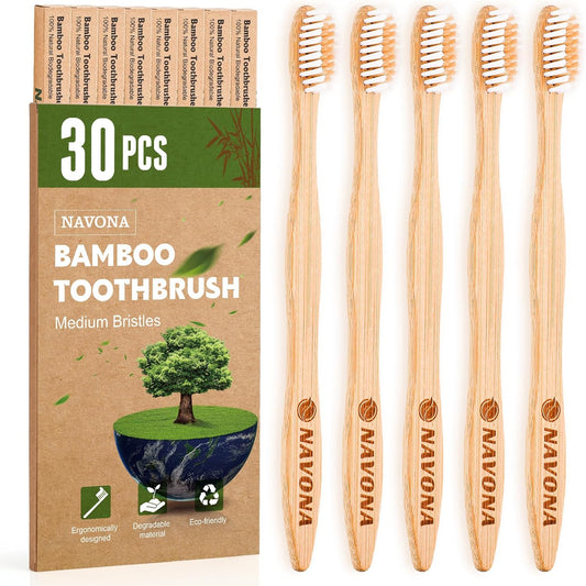 Navona 30 PCS Bamboo Toothbrushes Pack, BPA Free Medium Soft Bristles Toothbrushes for Adults, Eco-Friendly Natural Wooden Toothbrush Bulk, Box of Two Reusable Travel Toothbrush