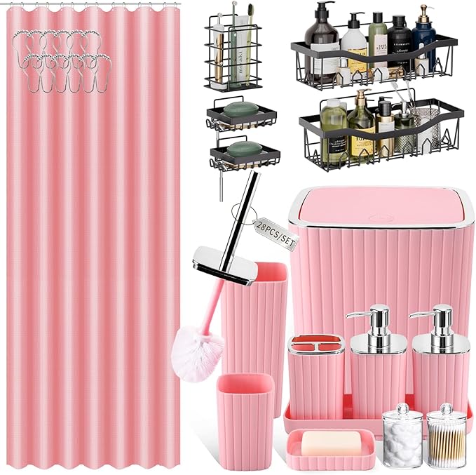 28PC Bathroom Set - Gorgeous Pink Bathroom Set, Bathroom Accessory Set, Pink Shower Curtain Set with 5PC Shower Caddies