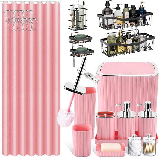 28PC Bathroom Set - Gorgeous Pink Bathroom Set, Bathroom Accessory Set, Pink Shower Curtain Set with 5PC Shower Caddies