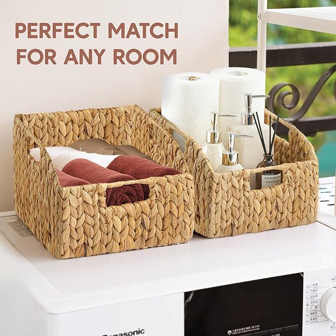Greenatural Water Hyacinth Storage Baskets Set of 2, Handwoven Rectangular Organizer Trays with Built-in Handles in 2 Sizes, Nested Wicker Bins for Shelf, Bathroom, Kitchen, Office, Natural Decor