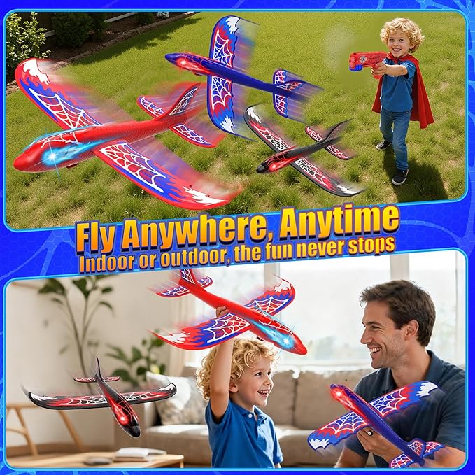 3 Pack Airplane Launcher Toy with Glowing Eyes & Web-Pattern Wings,2 Flight Modes Outdoor Games for Kids,Boys Toys Age 3-12,Birthday Gifts for 3 4 5 6 7 8 9 10 11 12 Year Old,Kids Gift(Red&Blue&Black)