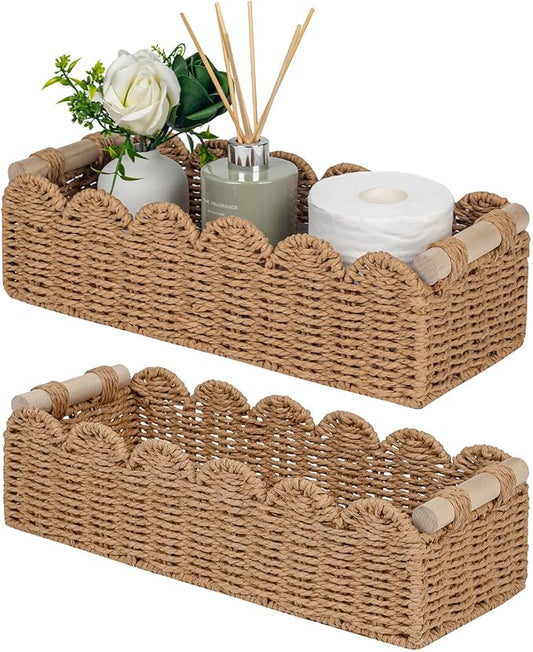 CubesLand Scalloped Decor Basket for Living Room, Home, Bathroom, 2SAME SIZE Paper Rope Basket, Toilet Storage Baskets for Over Toilet Storage Shelf, Cute Woven Basket Both Storage&Decor, Neutral