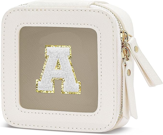 Initial Travel Toiletry Bag - Cosmetic Bags for Girls with Zipper, Clear & Potable Girls Makeup Bag for Travel, Small Cosmetic Pouch Perfect Gifts for Graduation (Beige, A)