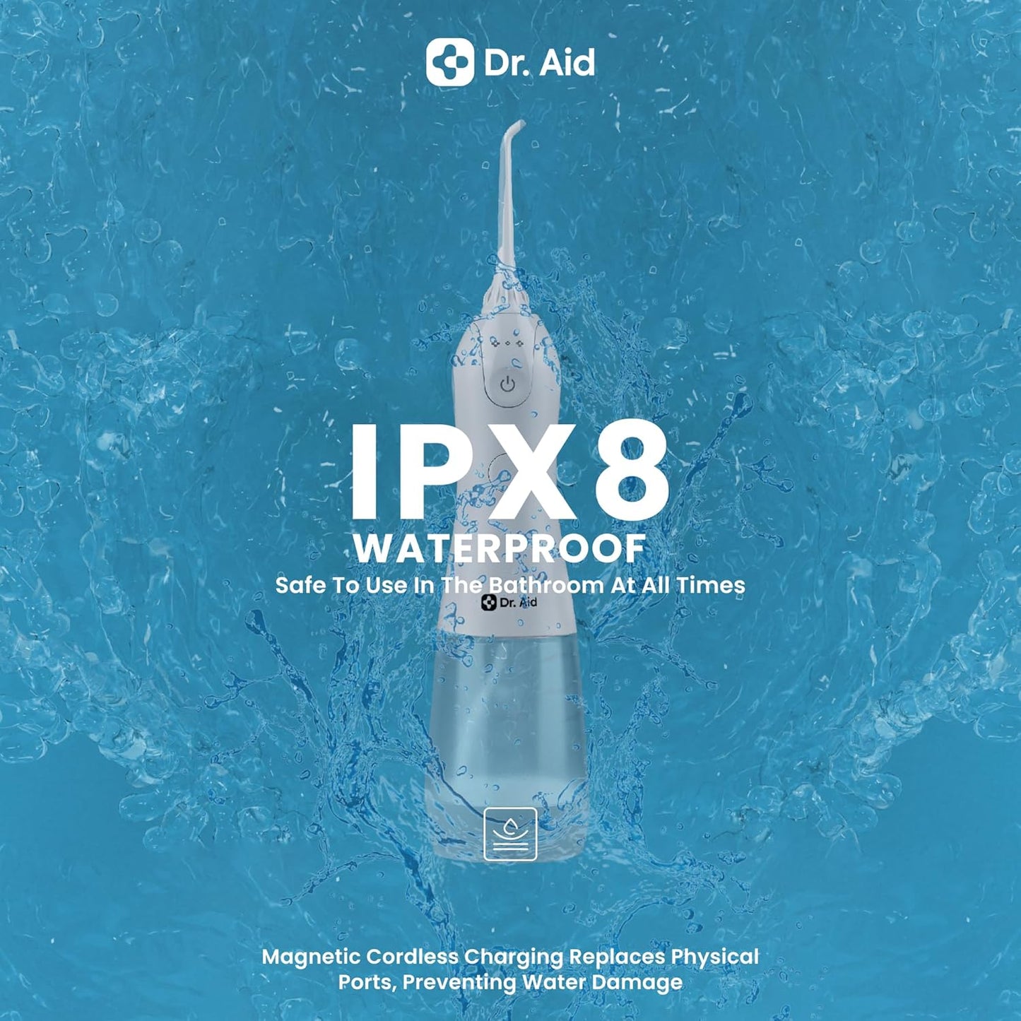 Dr. Aid Dental Water Flosser – Portable Oral Irrigator – 11Oz Tank, Water Filter, 5 Tips, Magnetic Charger – IPX8 Waterproof Cordless Water Flosser, Ideal Water Flossers for Teeth, Gums, Braces, White