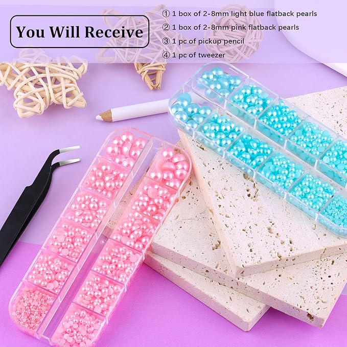 2 Boxes Flat Back Pearls Kit 18 Flatback Pink&Light Blue Half Round Pearls 2-8mm with Pickup Pencil and Tweezer for Home DIY and Professional Nail Art, Face Makeup and Craft