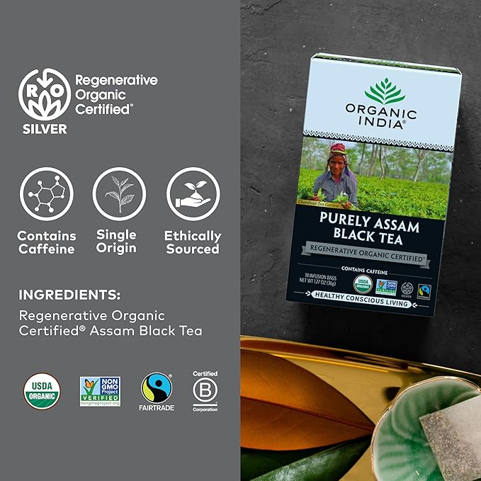 Organic India Purely Assam Black Tea - Caffeinated Herbal Tea Bags with Natural Assam Leaves, Enjoy with Milk & Sweetener, USDA Organic, Non-GMO, Fairtrade Certified - 18 Bags (Pack of 3)