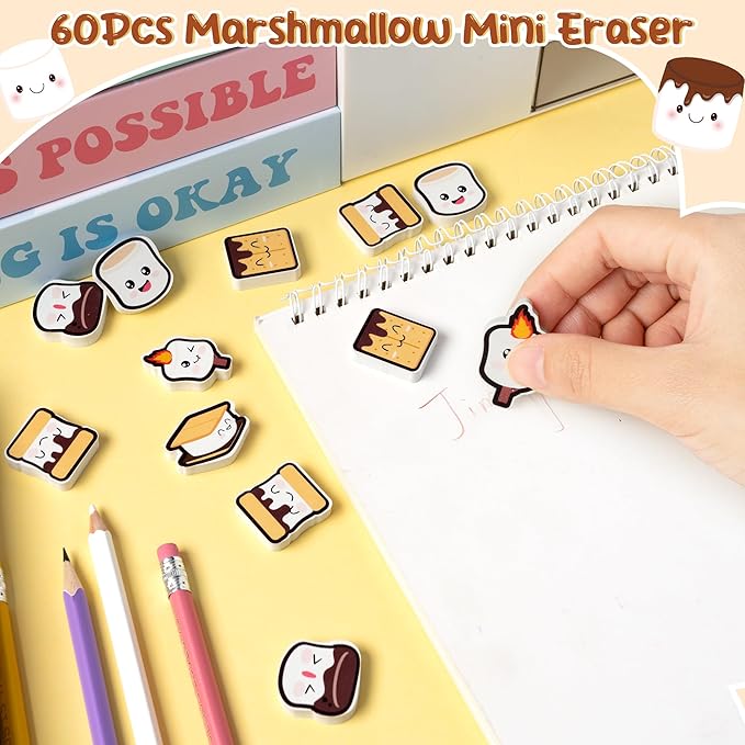 CJiangpo 60Pcs Marshmallow Mini Erasers for Kids Bulk Cute Cartoon Pencil Rubber Eraser Campfire Camping Themed Party Favors Filler Kids School Classroom Prizes Gifts