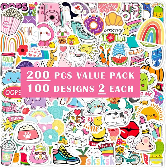 Adorable Stickers 200 Pcs/Pack for Kids - Cute Animal, Food & Positive Phrase Stickers for Laptop, Phone, Water Bottle, Journal, Scrapbook (Adorable)