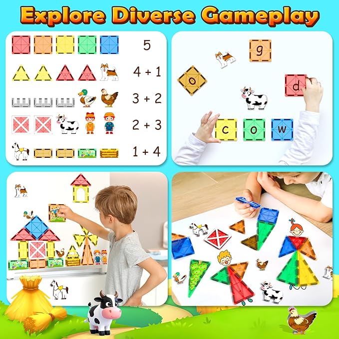 Magnetic Tiles Toys with Farm Animals for 3+ Year Old Toddler, Magnetic Blocks Building Toys for Kids Ages 3-5 5-7 Girls Boys, Classroom Must Haves