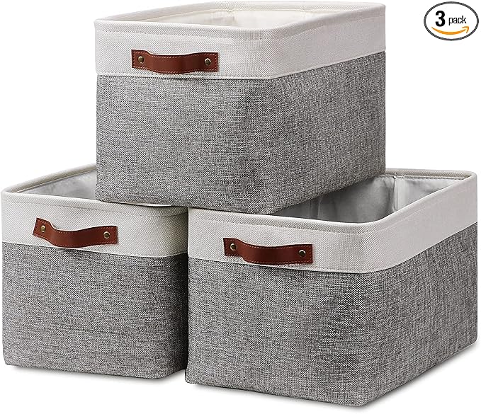 HNZIGE Fabric Storage Baskets for Shelves(3 Pack) Large Collapsible Storage Baskets for Organizing, Decorative Baskets Bins Set with Handles for Closet, Clothes, Toy, Home(White&Gray,15" x 11" x 9.5")