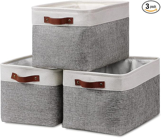 HNZIGE Fabric Storage Baskets for Shelves(3 Pack) Large Collapsible Storage Baskets for Organizing, Decorative Baskets Bins Set with Handles for Closet, Clothes, Toy, Home(White&Gray,15" x 11" x 9.5")
