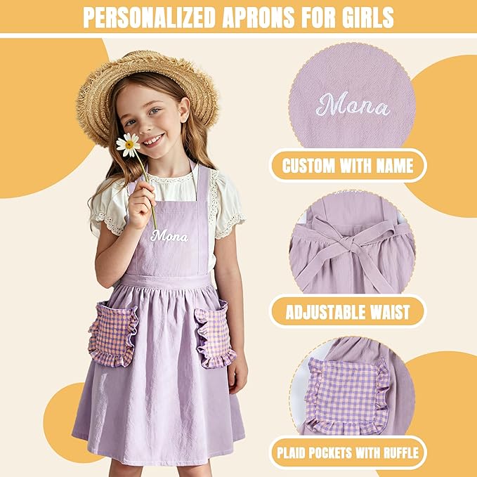 MT WORLD Girls Apron Personalized Linen Kids Aprons for Cooking Toddler Girls Cross Back Apron Pinafore for Baking Crafting
