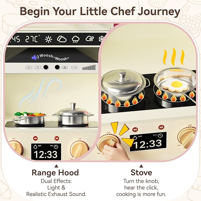 Play Kitchen for Toddlers with Felt Storage Boxes & Range Hook, Wooden Kids Kitchen Playset with Oven, Microwave, Ice Maker, Toy Kitchen Set with Coffee Maker for Girls & Boys Age 3+, Pink Curtains