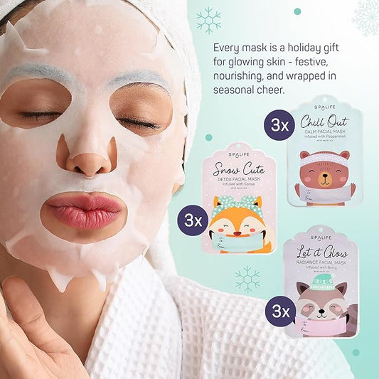SpaLife Beauty Holiday Gift Tags Christmas Face Mask Bundle | Korean Facial Masks | Hydrating, Tone Evening, Refreshing Christmas Sheet Mask Set | Christmas Gifts for Women | 9 Pack