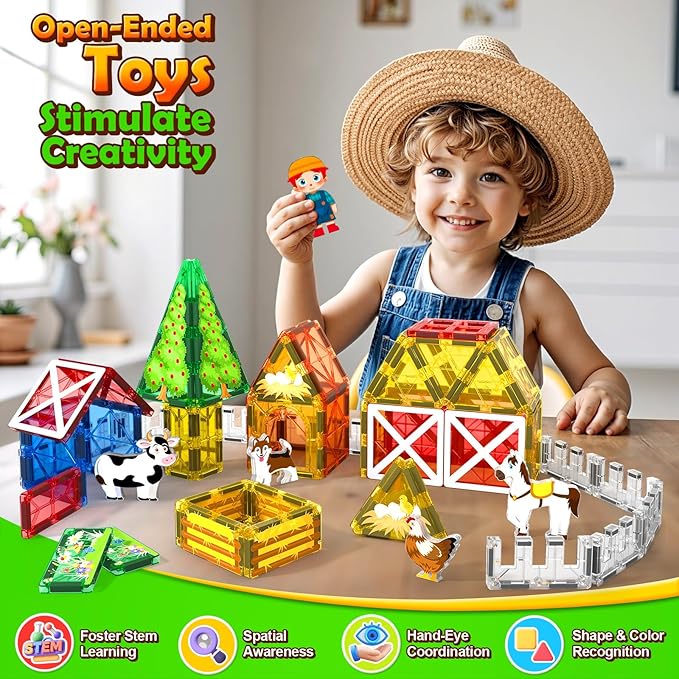 Magnetic Tiles Toys with Farm Animals for 3+ Year Old Toddler, Magnetic Blocks Building Toys for Kids Ages 3-5 5-7 Girls Boys, Classroom Must Haves