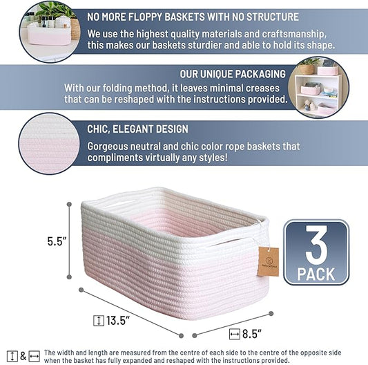 NaturalCozy 13.5”x8.5”x5.5” Rectangle Storage Baskets for Shelves 3 Pack | Cotton Rope Woven Small Baskets for Organizing | Small Storage Bins for Nursery, Bathroom, Closet, Shelf, Decorative