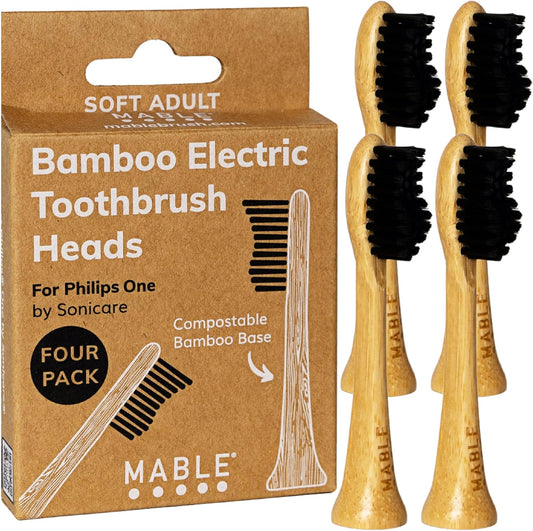 Bamboo Electric Toothbrush Heads | Compatible with Philips One Electric Toothbrush | 4 Brush Heads with Soft Bristles | Plant-Based Adult Size Replacement Heads