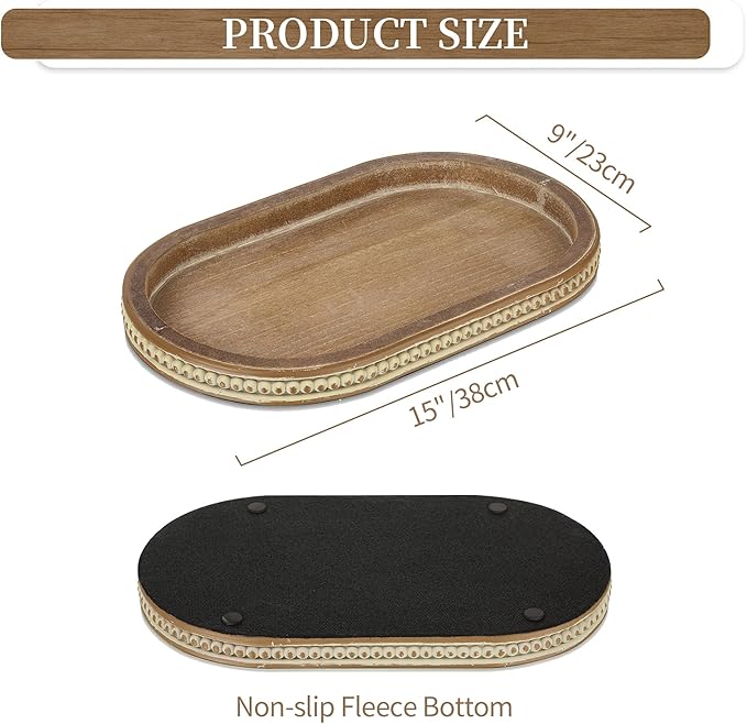 Hanobe Decorative Serving Tray Wood: Brown Bead Oval for Coffee Table Rustic Wooden Trays Decor Farmhouse Kitchen Counter Vintage Centerpiece Living Room Home Organizer, 15.15''x9.25''x1.18''