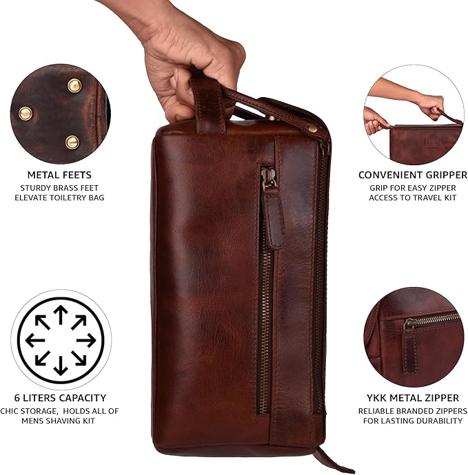 LEATHER VILLAGE Premium Leather Travel Toiletry Bag - Unisex Water-Resistant Travel Bag for Toiletries, Shaving & Cosmetic Organizer for Men & Women - Compact Bathroom Essentials - Cherry Brown