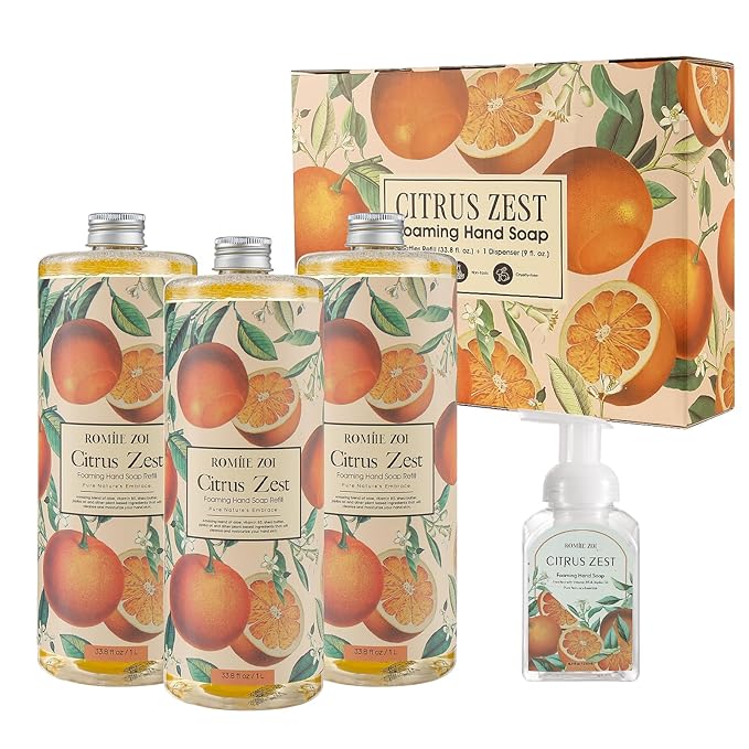 ROMIIE ZOI Citrus Zest Foaming Hand Soap Refill Gift Set – 3 Pack (33.8 Fl Oz Each) with Refillable Dispenser, Moisturizing, Biodegradable & Chemical-Free Formula for Kitchen, Bathroom, Sensitive Skin