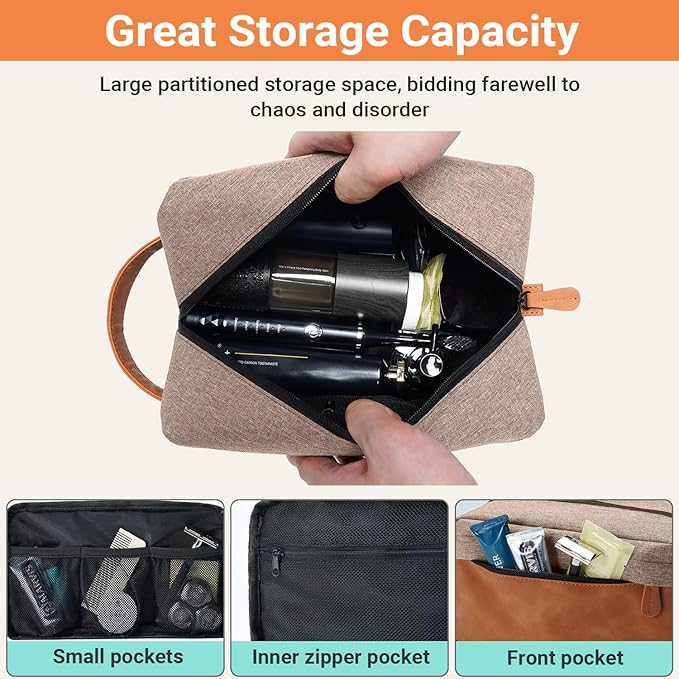 Elviros Travel Toiletry Bag for Men, Hanging Toiletries Bag Water Repellent Dopp Kit PU Leather Travel Bag for Toiletries Accessories, Khaki
