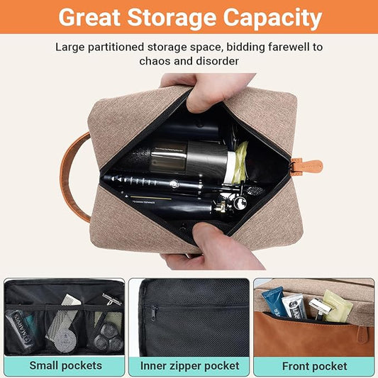 Elviros Travel Toiletry Bag for Men, Hanging Toiletries Bag Water Repellent Dopp Kit PU Leather Travel Bag for Toiletries Accessories, Khaki